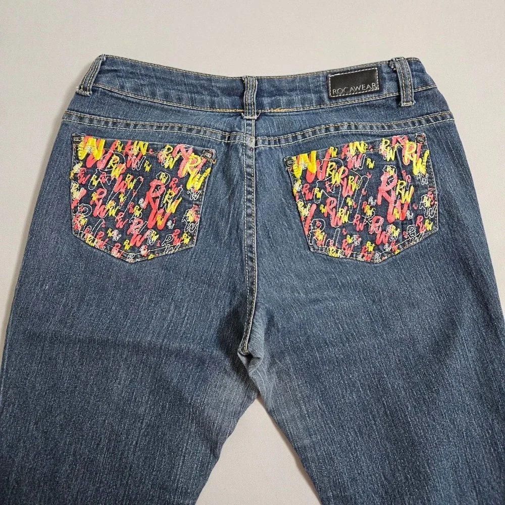Rocawear Y2K Style Graffiti Pocket Skinny Jeans Dark Wash Stretch Womens 9 Denim - Picture 4 of 13